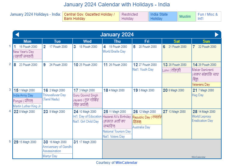 January 2024 Calendar with Holidays - India