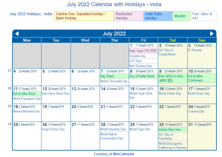 calendar july 2022 with holidays