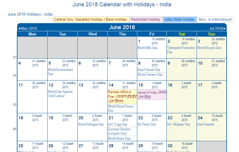 June 18 Calendar With Holidays India