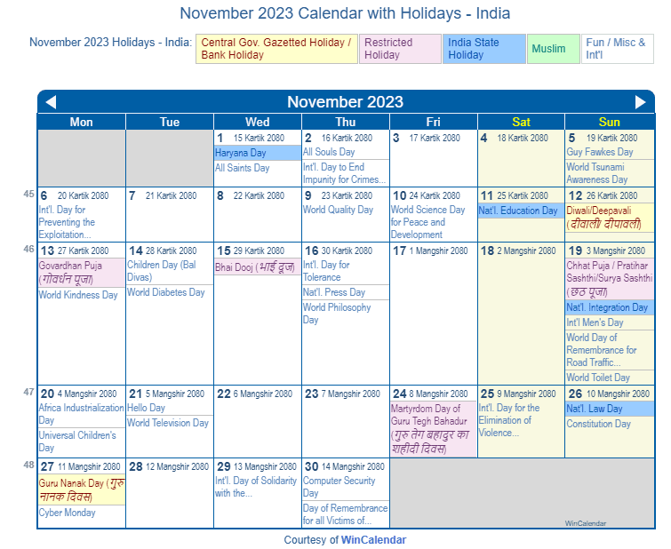 November 2023 Calendar India Get Calendar 2023 Update