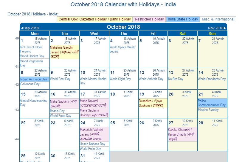 October 18 Calendar With Holidays India