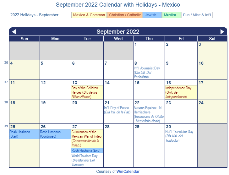 September 2022 Calendar With Holidays - Mexico