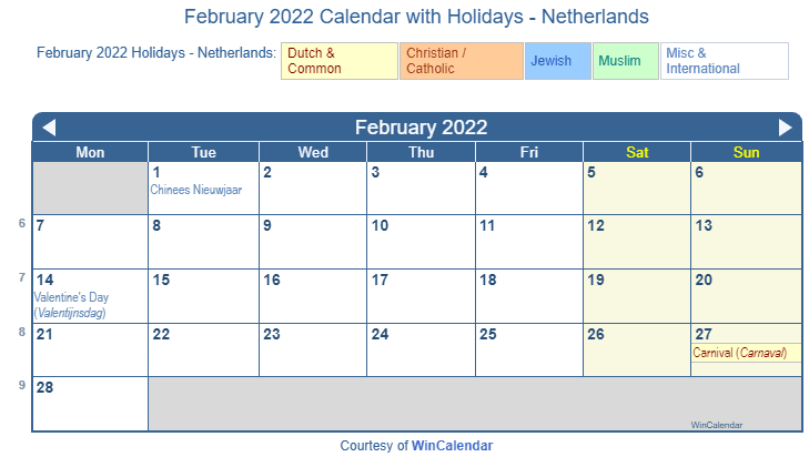 February 2022 Calendar With Holidays Netherlands