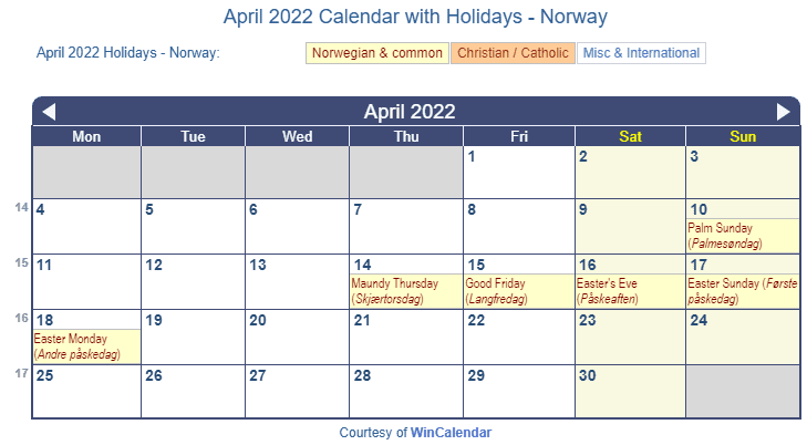Easter 2022 Calendar April 2022 Calendar With Holidays - Norway