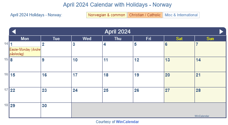 Holiday Calendar (Norway) with Observances & Today
