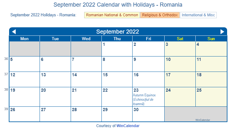 September 2022 Calendar With Holidays Romania