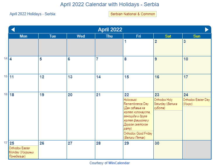 Orthodox Calendar 2022 April 2022 Calendar With Holidays - Serbia
