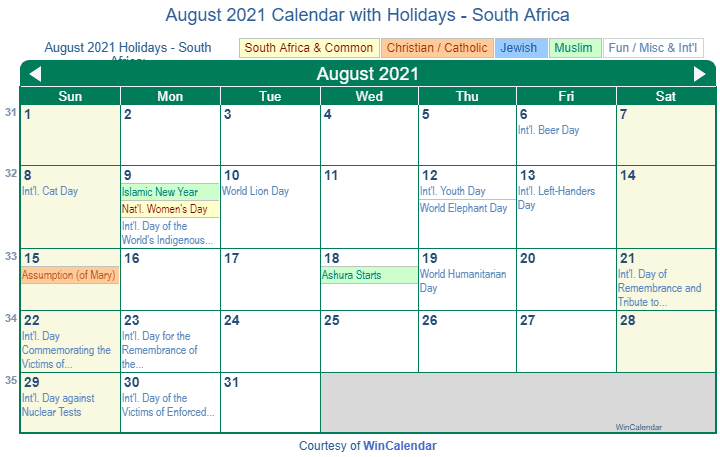 August 21 Calendar With Holidays South Africa