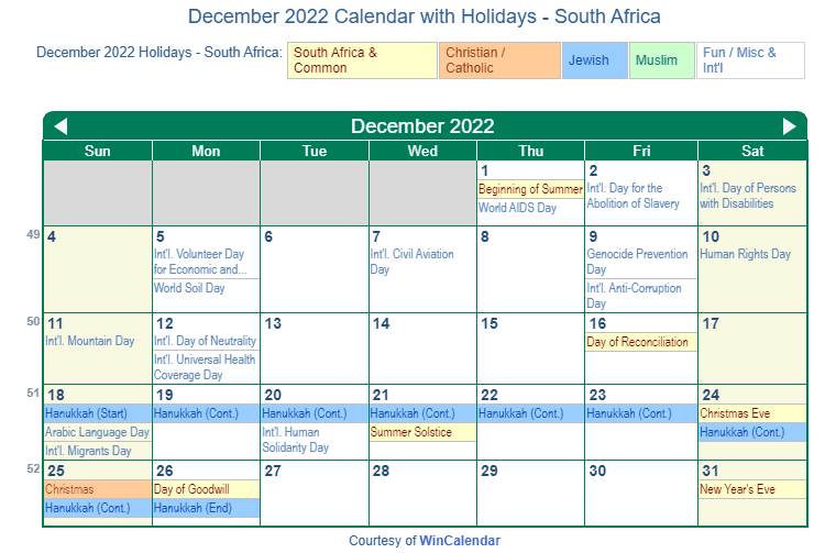 December 2022 Calendar With Holidays - South Africa