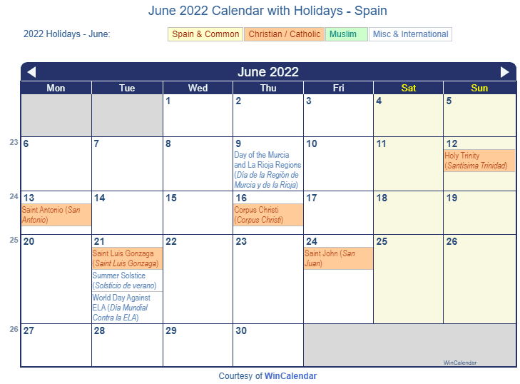 June 2022 Calendar With Holidays - Spain