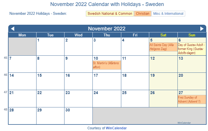 November 2022 Calendar With Holidays - Sweden