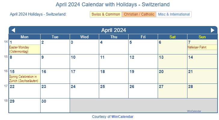 Holiday Calendar (Switzerland) with Observances & Today