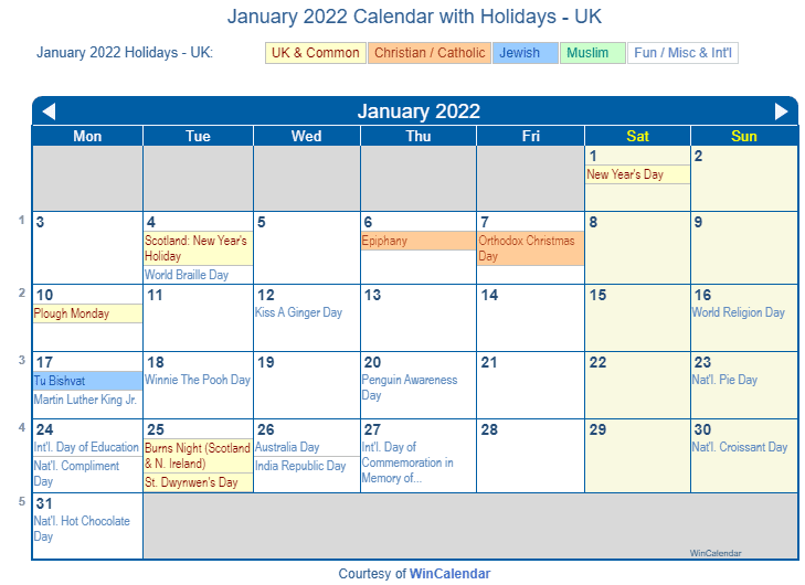 January 2022 Calendar With Holidays United Kingdom