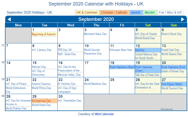 September Calendar With Holidays United Kingdom