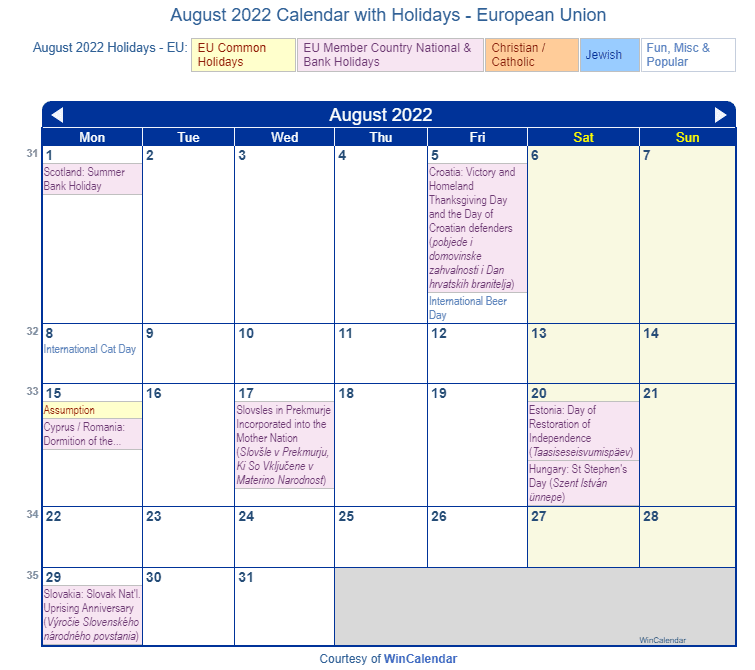 August 2022 Calendar with Holidays - European Union and member countries August 2022 Calendar with Holidays - European Union and member countries