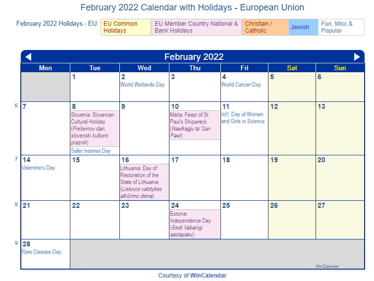 Feb 2022 Holiday Calendar February 2022 Calendar With Holidays - European Union And Member Countries