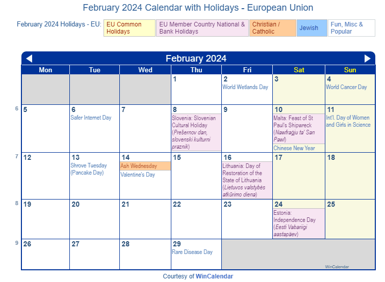 February 2024 Calendar with Holidays - European Union and member countries