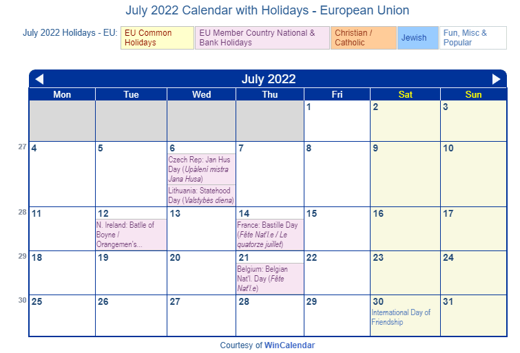 July 2022 Calendar With Holidays - European Union And Member Countries