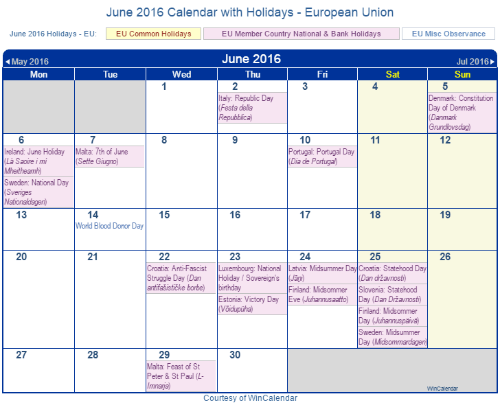 Print Friendly June 2016 EU Calendar for printing