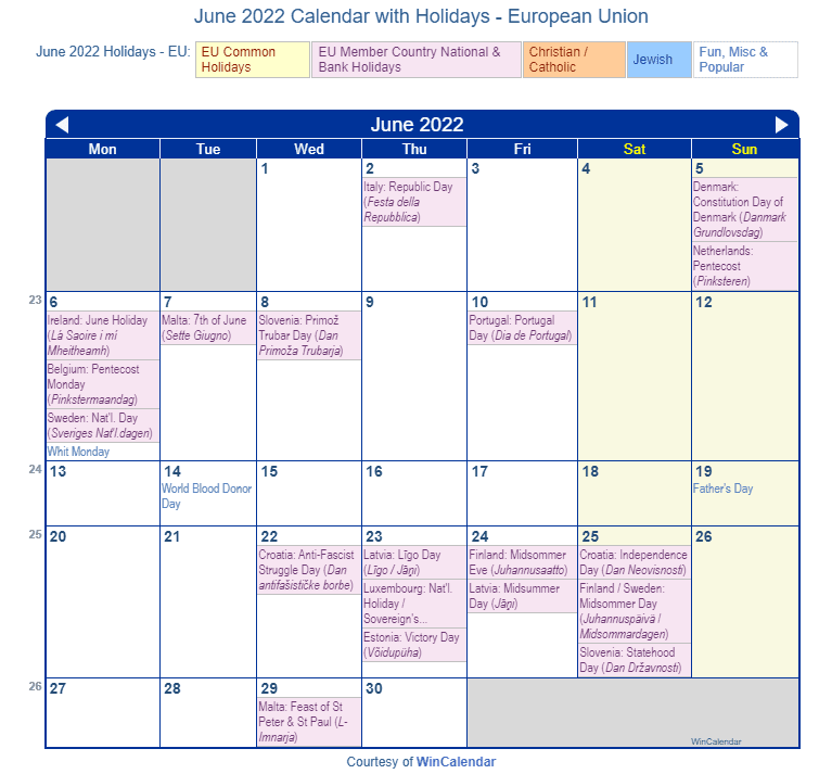 National Calendar June 2022 June 2022 Calendar With Holidays - European Union And Member Countries