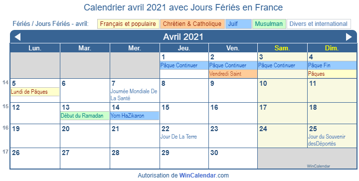 Calendrier Paques 2021 Calendrier Avril 2021 avec Jours Fériés   France
