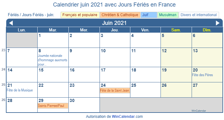 Calendrier Juin 2021 Avec Jours Fériés Calendrier Juin 2021 avec Jours Fériés   France