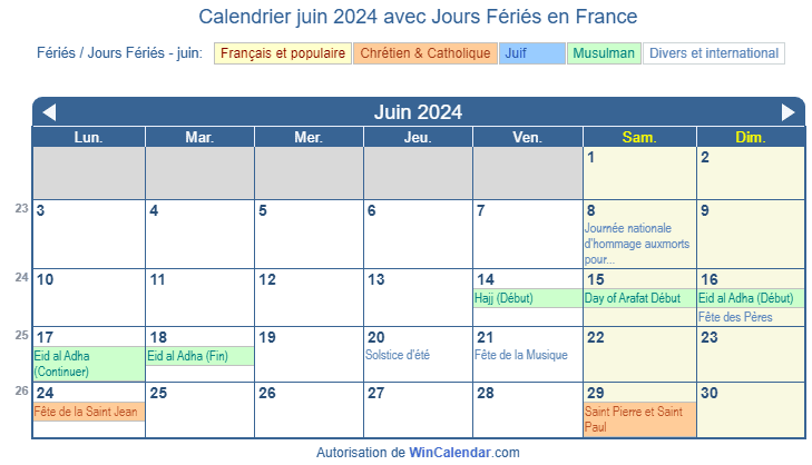 calendrier juin 2024