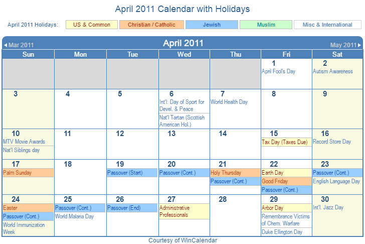 April 2011 Calendar with Holidays - United States