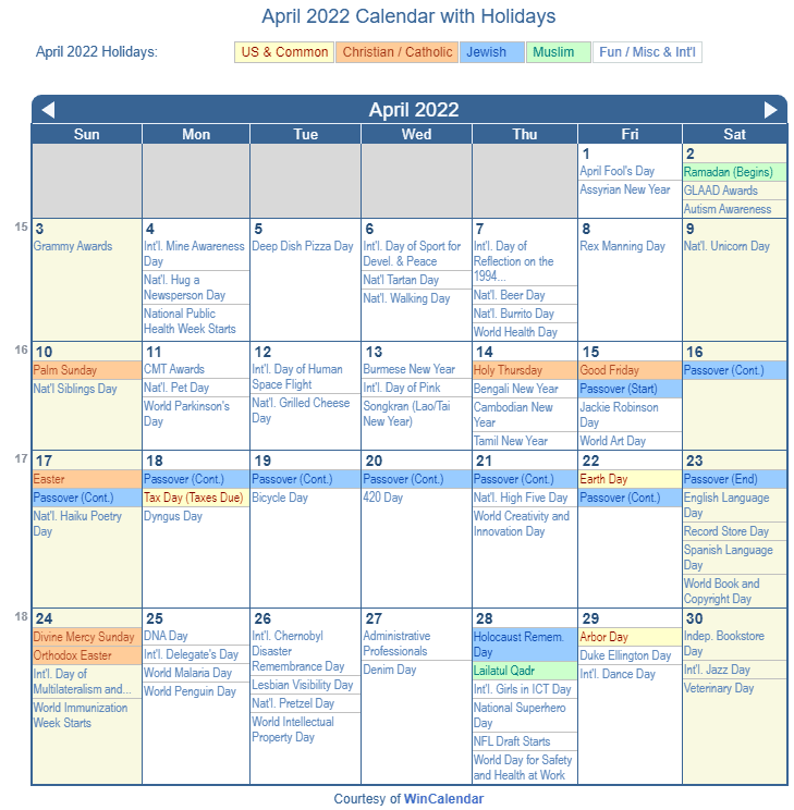 April 2022 Calendar With Holidays United States