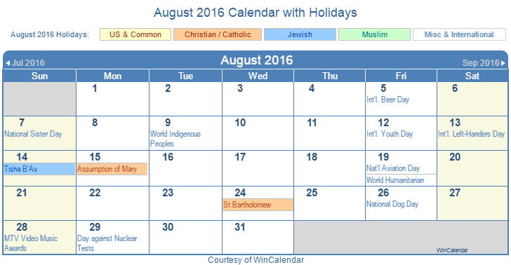 august 2016 calendar
