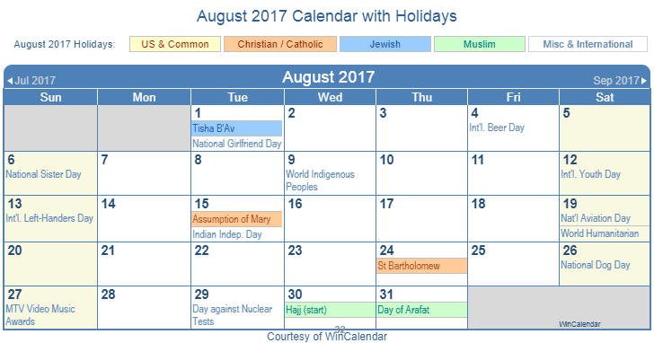 August 2017 Calendar with Holidays - United States