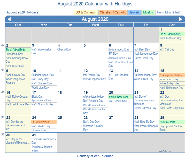 August Calendar With Holidays United States