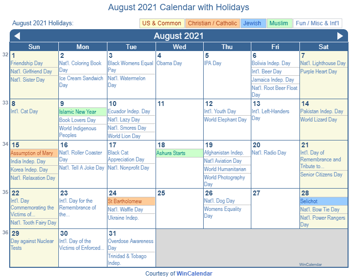 August 2021 Calendar With Holidays August 2021 Calendar with Holidays   United States