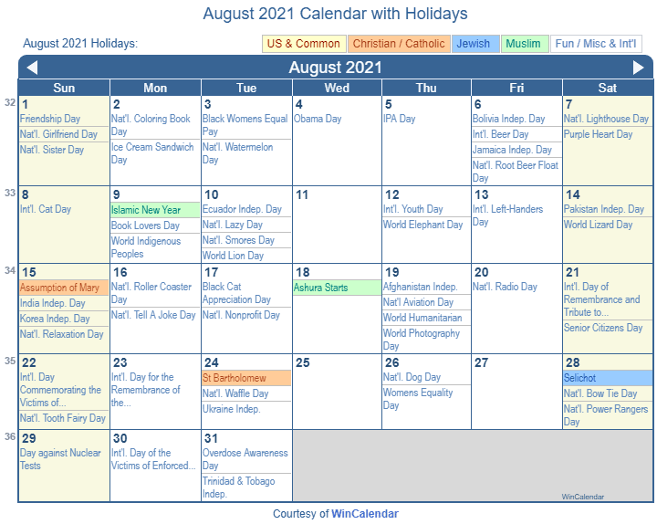 August 2021 Calendar with Holidays - United States August 2021 Calendar with Holidays - United States