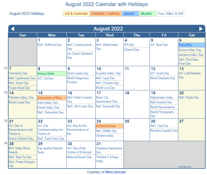 Aug 2022 Calendar With Holidays - August 2022 Calendar