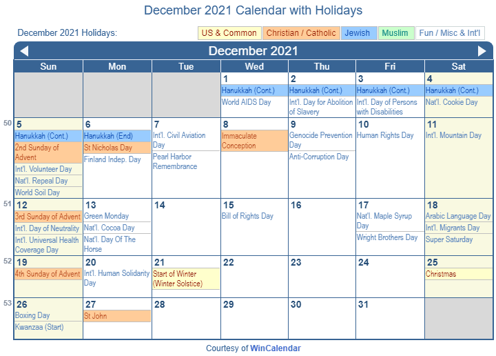December 2021 Calendar With Holidays United States