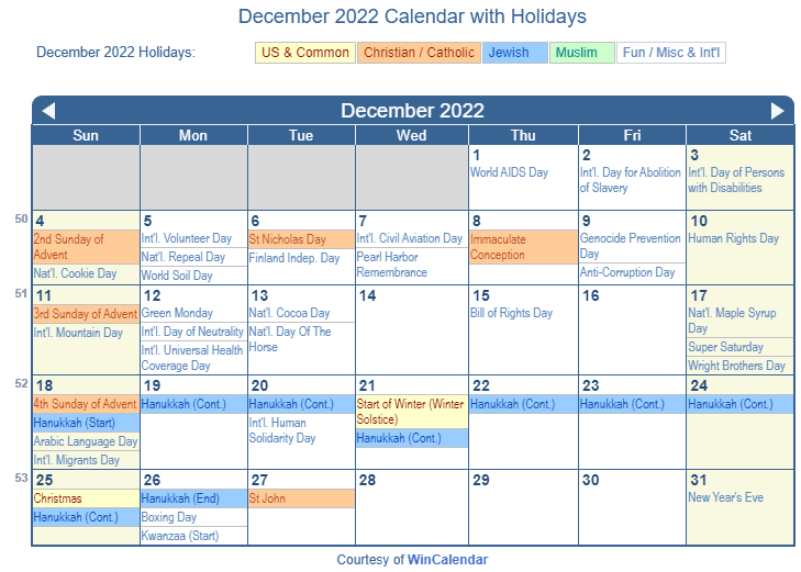 December 2022 Calendar With Holidays