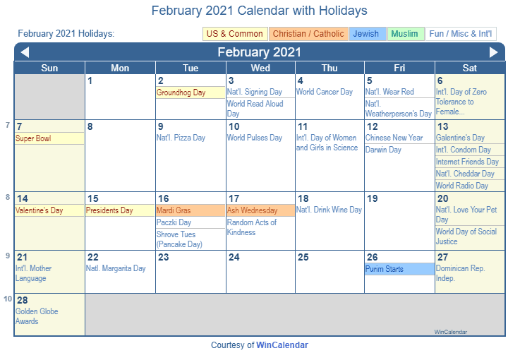 February 2021 Calendar With Holidays United States