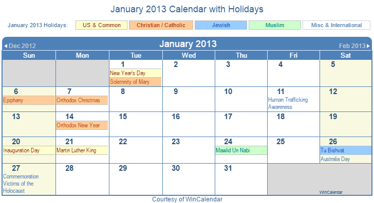 Print Friendly January 2013 US Calendar For Printing