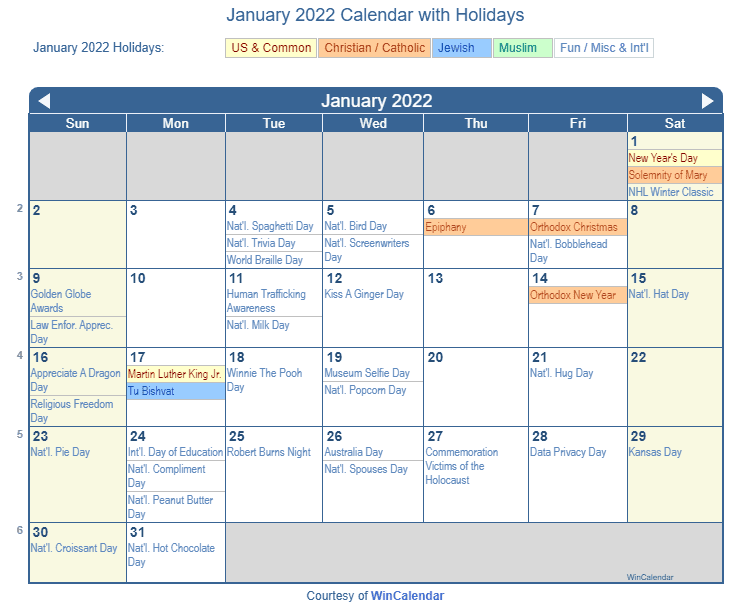 2022 Calendar With Holidays Printable