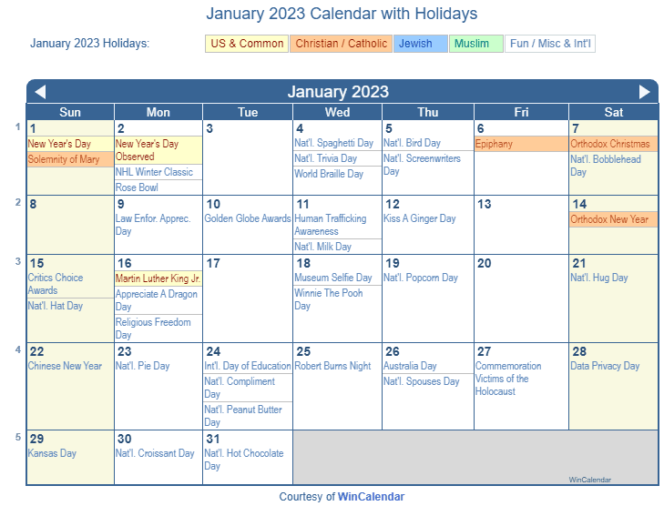 Holiday Calendar Jan 2023 Get Calendar 2023 Update
