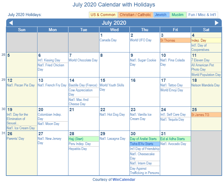 July Calendar With Holidays United States