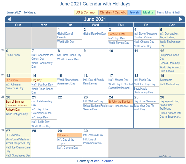 June 2021 Calendar With Holidays United States