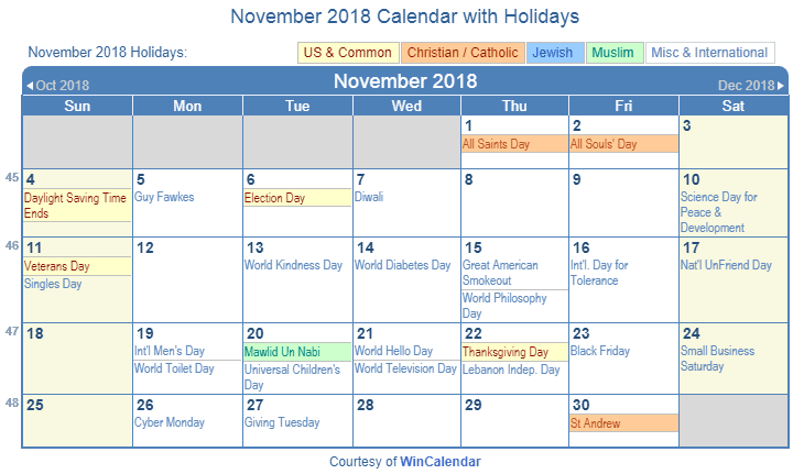 November 2018 Calendar with Holidays - United States