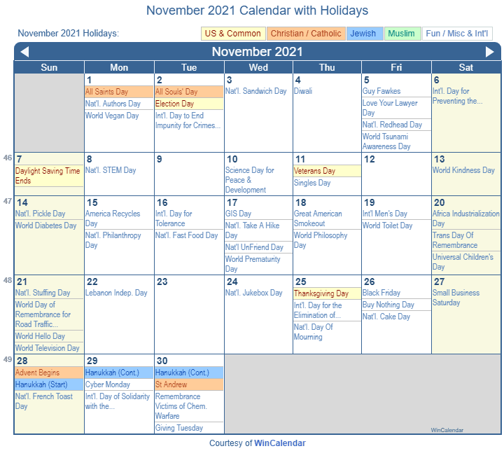 November 2021 Calendar with Holidays - United States November 2021 Calendar with Holidays - United States