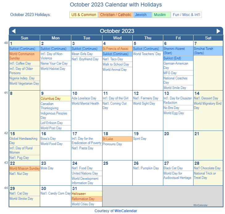Full October Calendar of Holidays and Observances in 2022