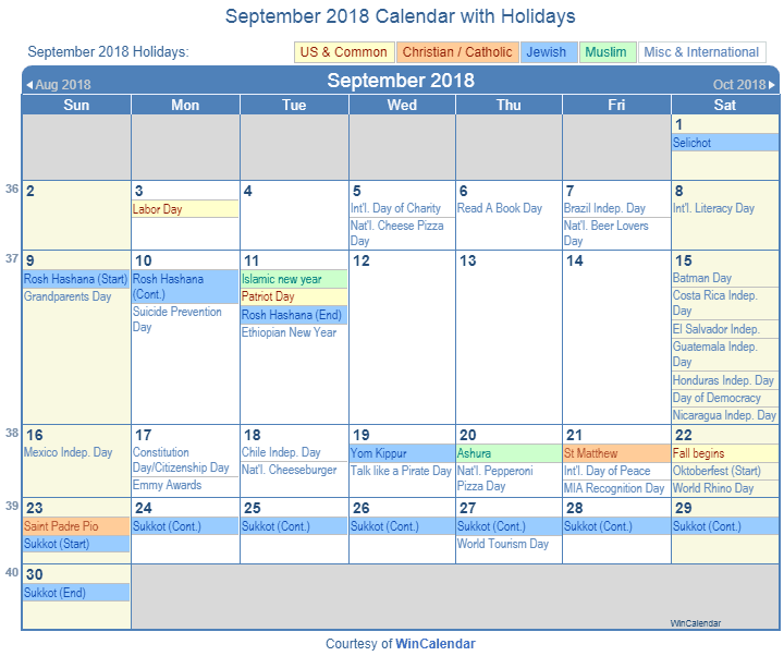 September 2018 Calendar With Holidays Printable