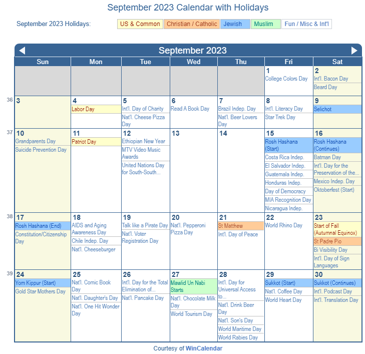 September 2023 Calendar with Holidays - United States