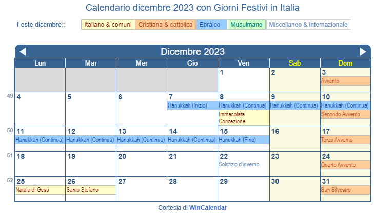 Calendario 2023 con giorni festivi