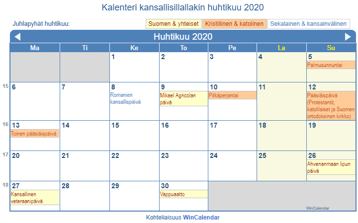 Huhtikuu 2020 Kalenteri juhlapäivien kanssa - Suomi